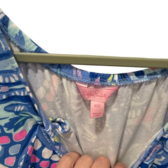 Lilly Pulitzer Blue Tropical Print Pom-Pom Off-Shoulder Romper XXS - Picture 5 of 7